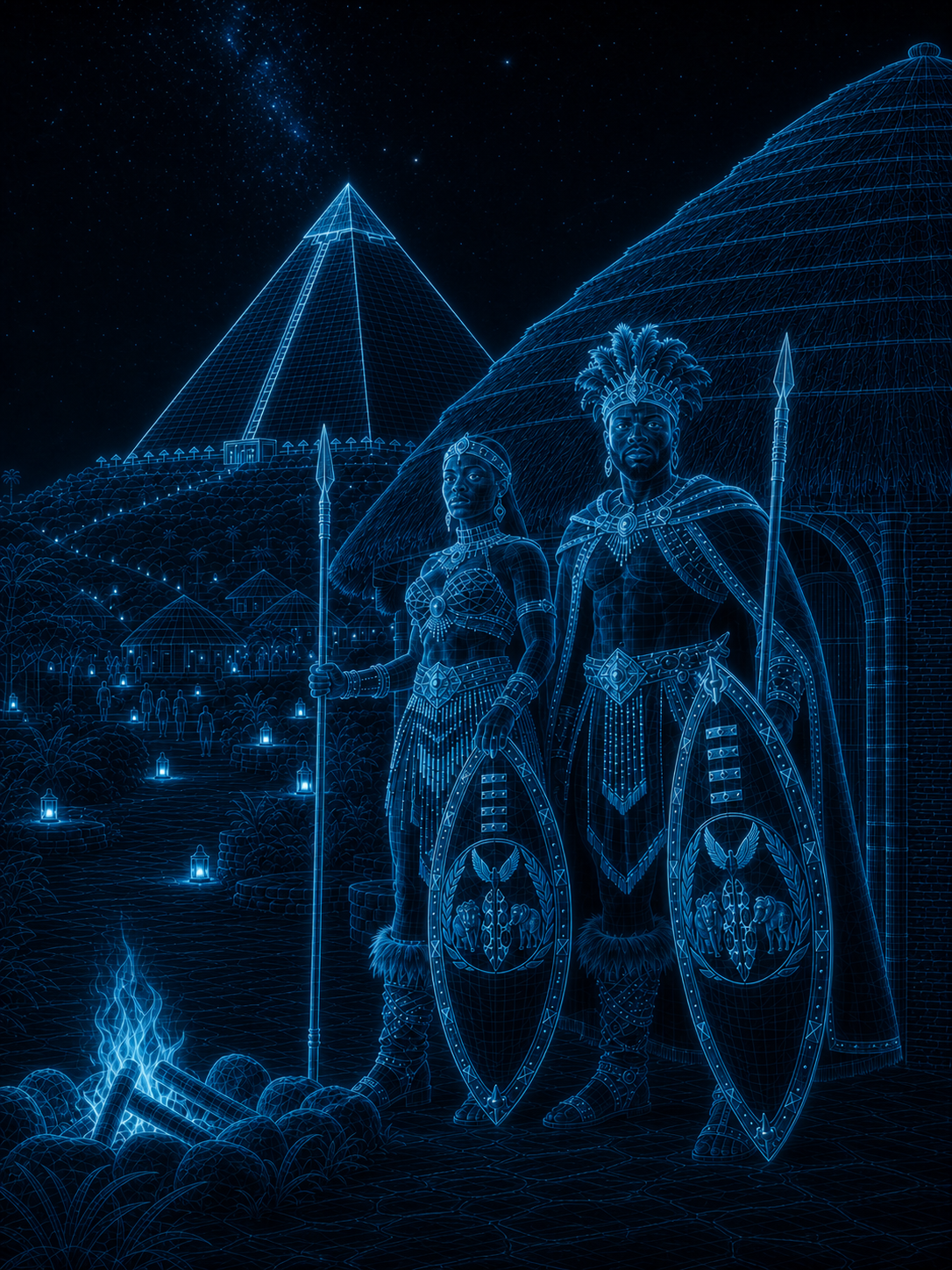 Aqua holographic blueprint of SpearTip cultural guardians, a traditional homestead, fire, and pyramid