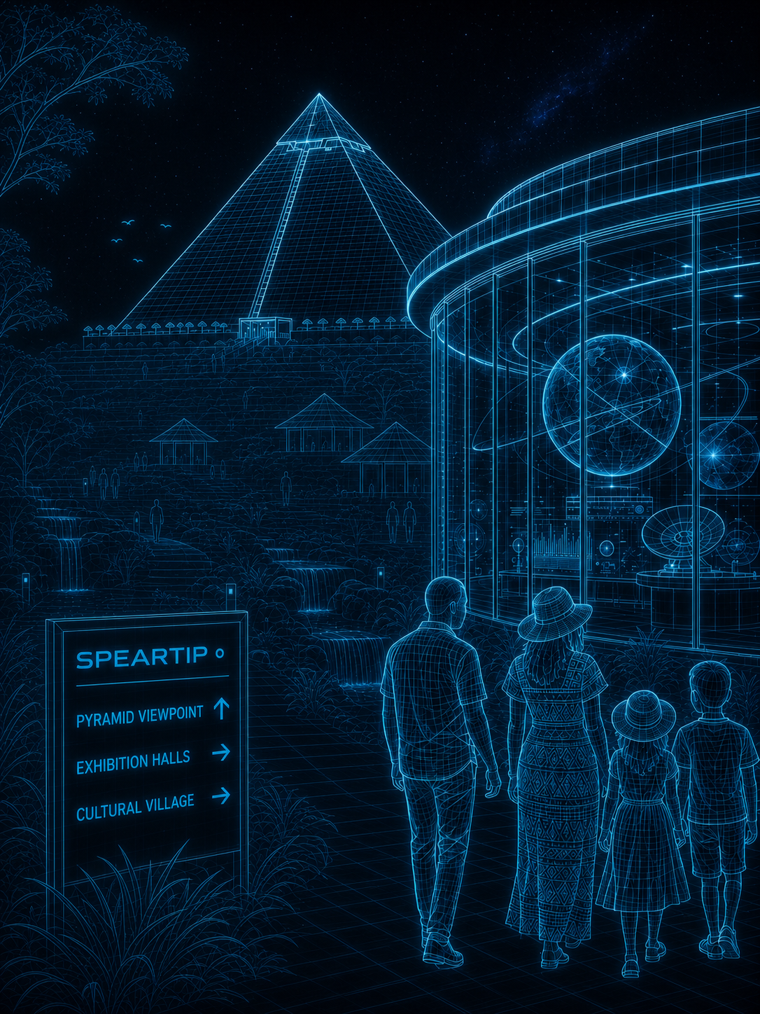 Aqua holographic blueprint of the Speartip science complex, with a pyramid and globe display