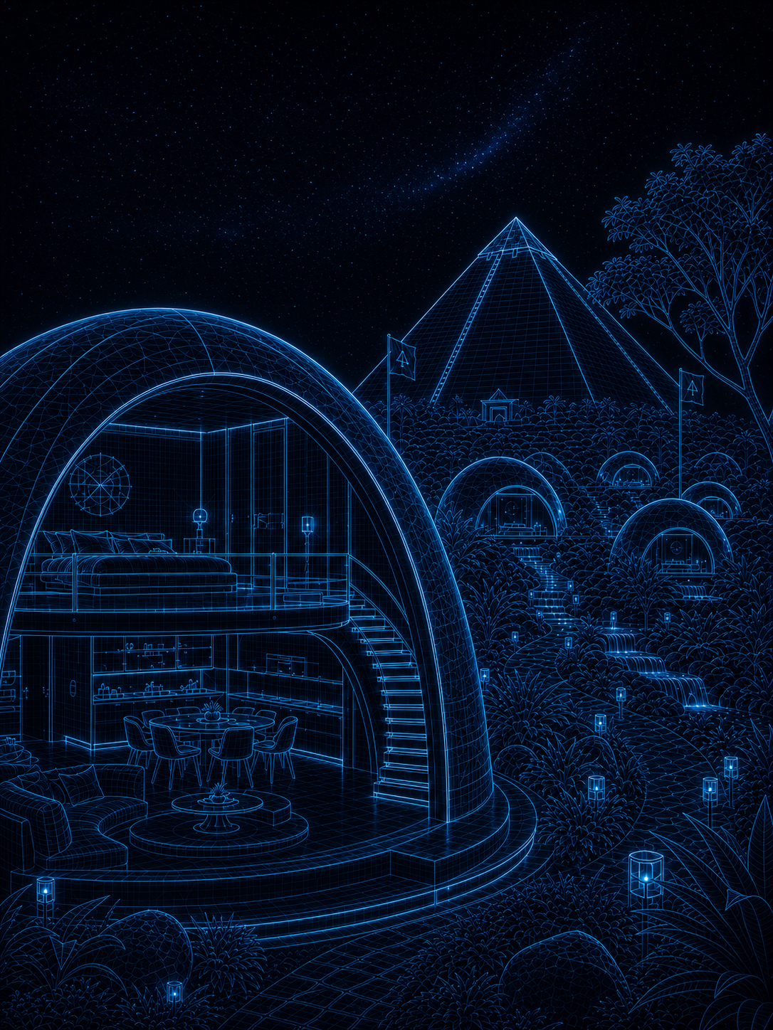 Aqua holographic blueprint of a SpearTip dome-hut village and pyramid